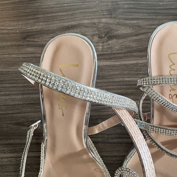 Lulu's Lullie Silver Vinyl Rhinestone Ankle Strap Pointed-Toe Pumps Heels - Picture 10 of 10